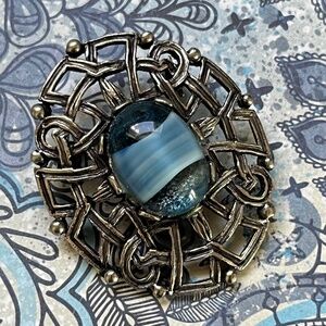 ARTISAN Blue Striped Gem Silver Brooch